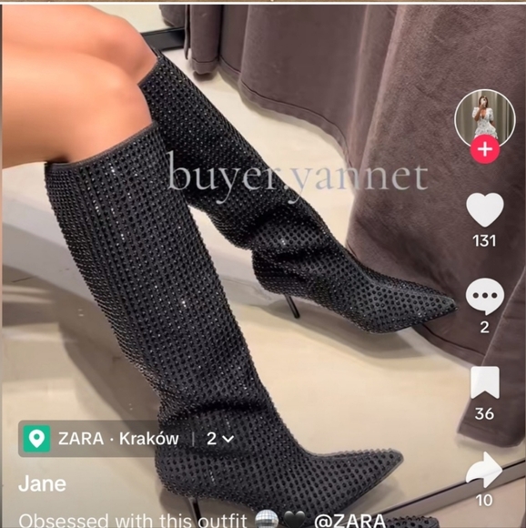 Zara NWT Pointed Toe Rhinestone heeled knee high boots - Picture 11 of 12